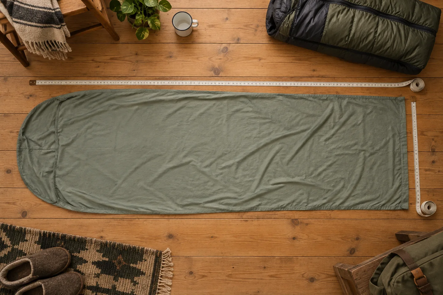 A thin sleeping bag liner laid flat beside measuring tapes on a wooden floor.