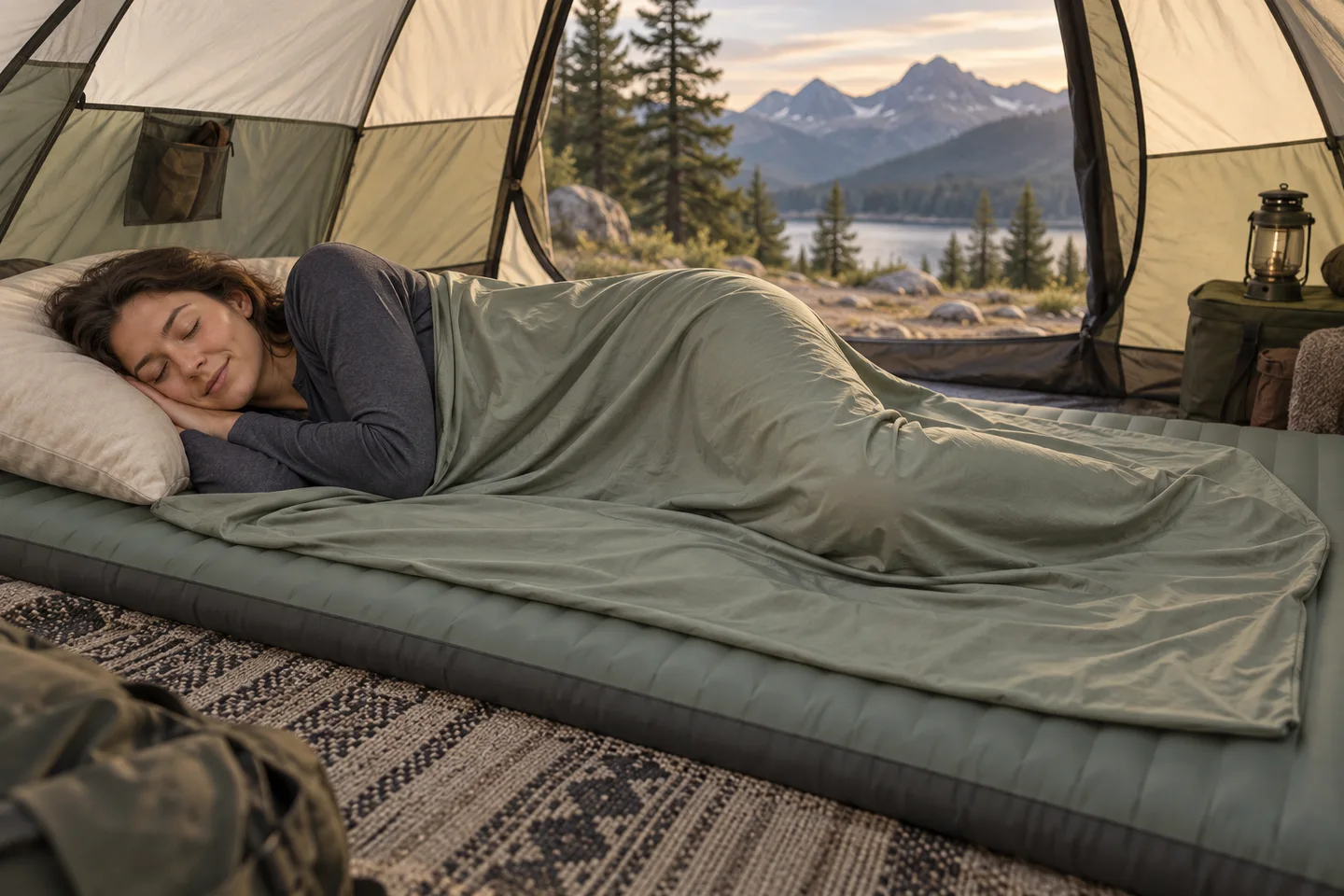 A clothed adult lying on their side inside a fabric liner on a sleeping pad in a tent.