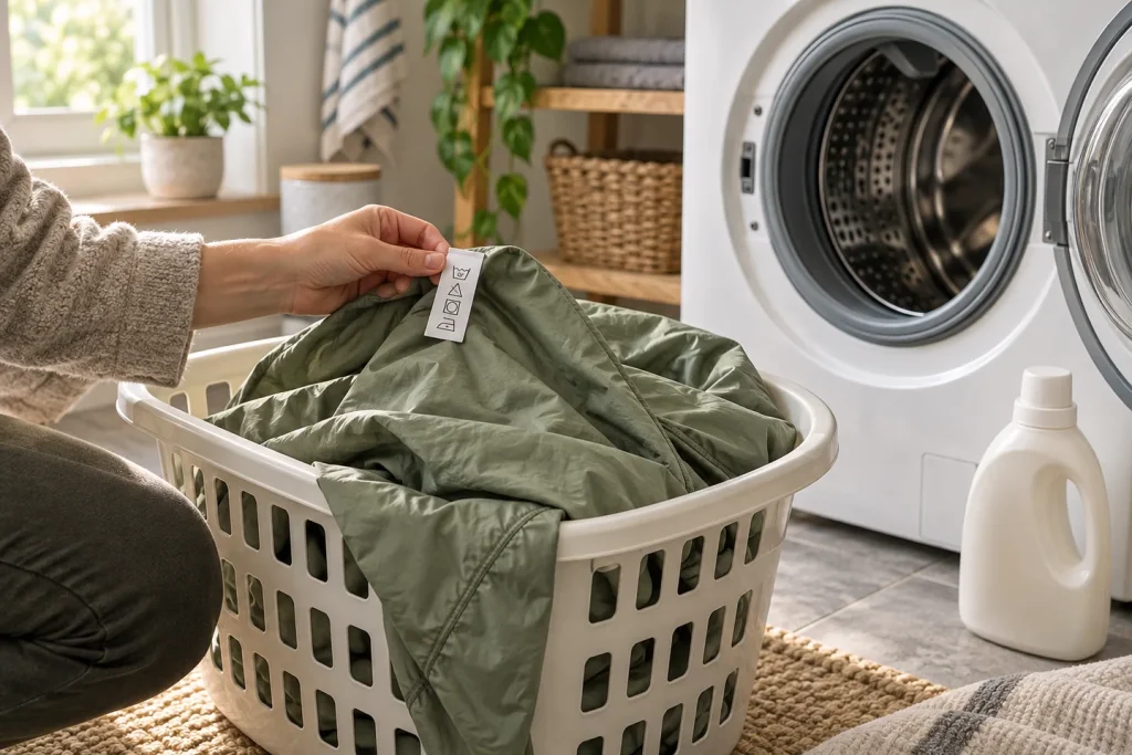 A liner in a laundry basket beside a washing machine while its care tag is checked.