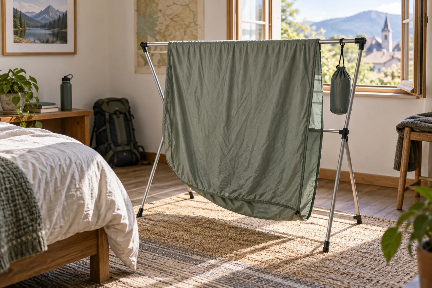 A thin liner spread across a drying rack beside a window, with its pouch nearby.