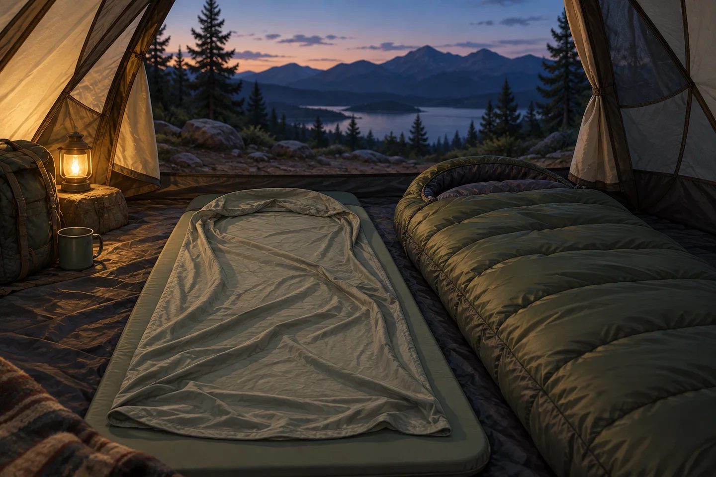A tent containing a liner on a sleeping pad and a separate insulated sleeping bag.