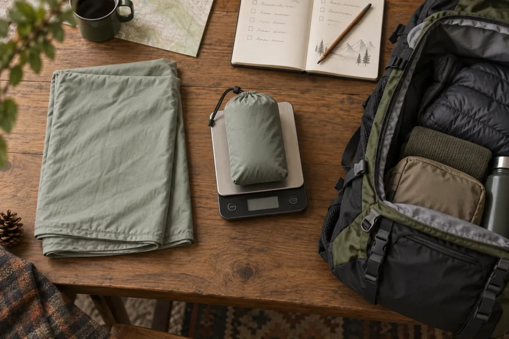 A packed fabric liner beside a scale, hiking backpack and packing notebook.