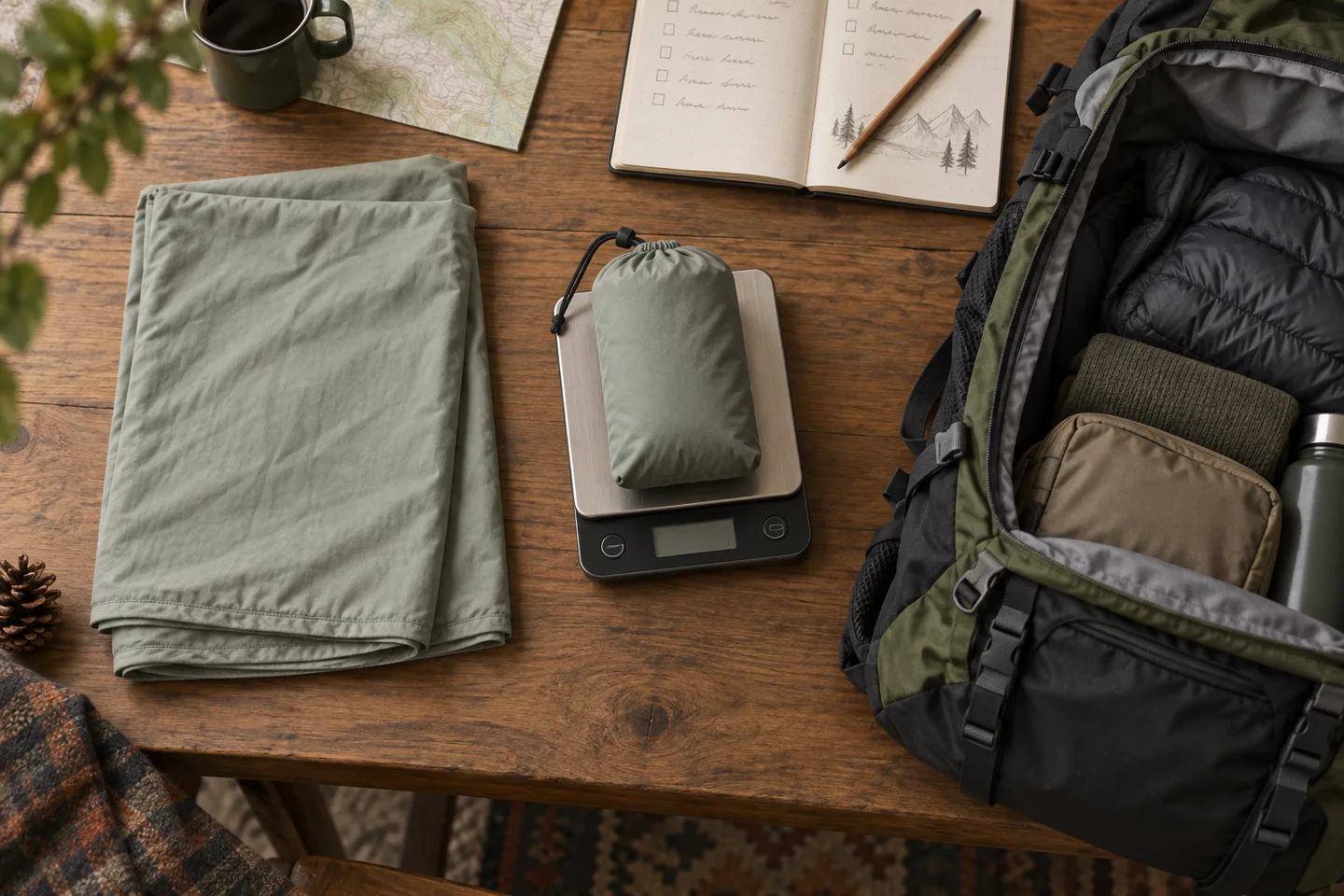 A packed fabric liner beside a scale, hiking backpack and packing notebook.