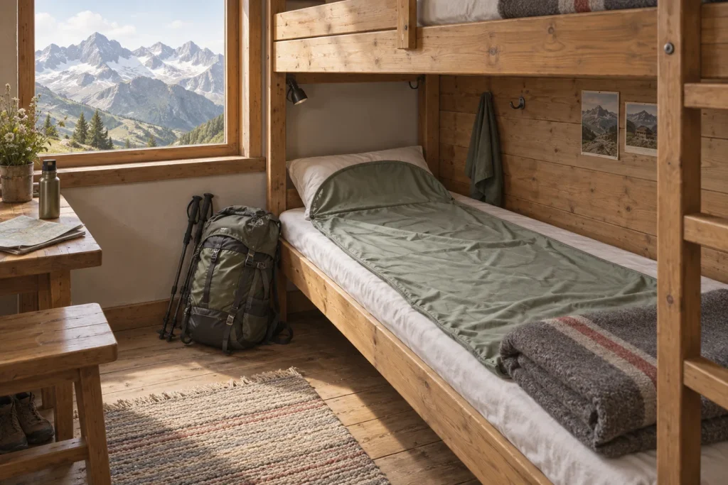 A thin liner laid on a lower wooden bunk in a mountain hut with a folded blanket.