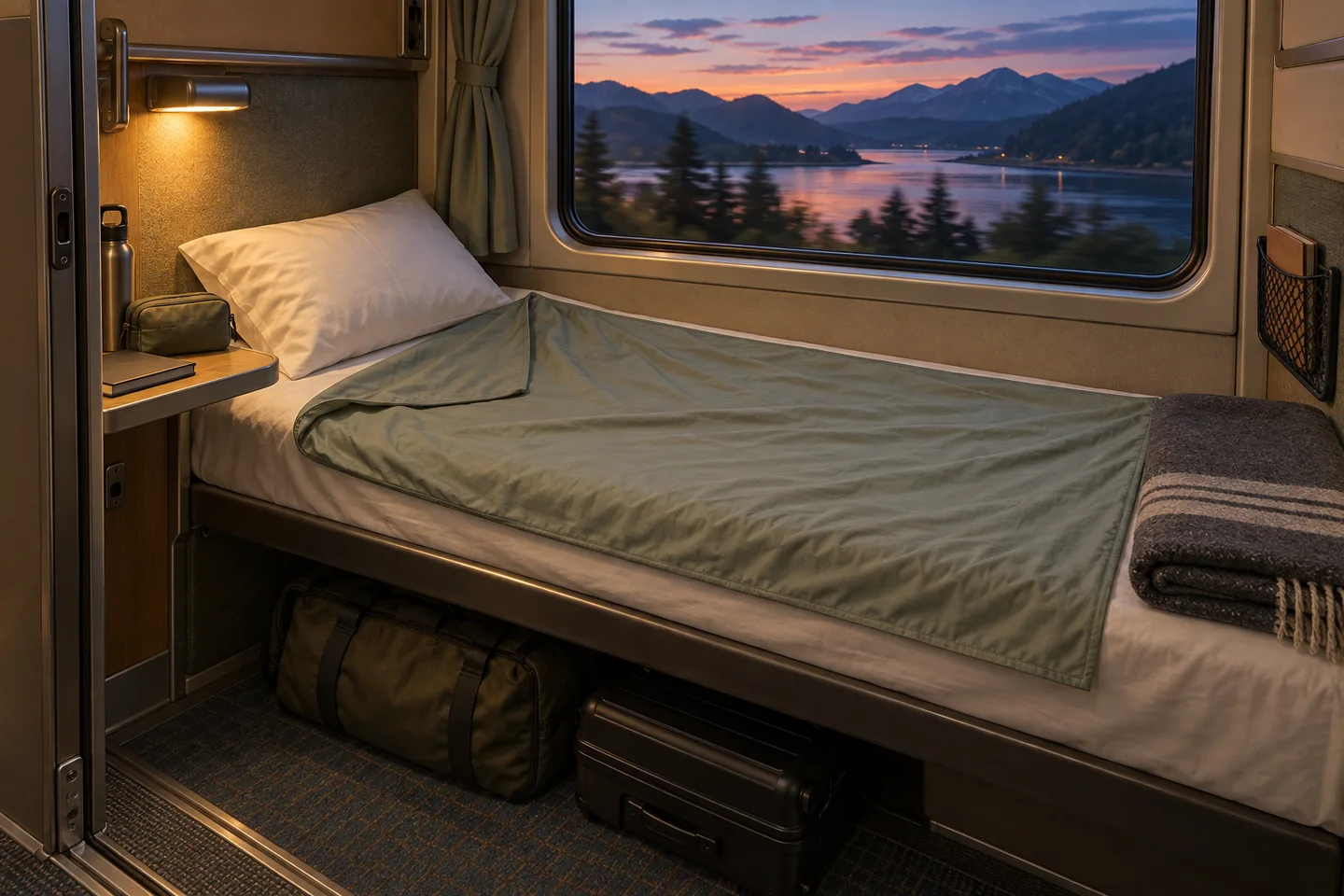 A sleeping liner on a lower train berth with a pillow, blanket and accessible night pouch.