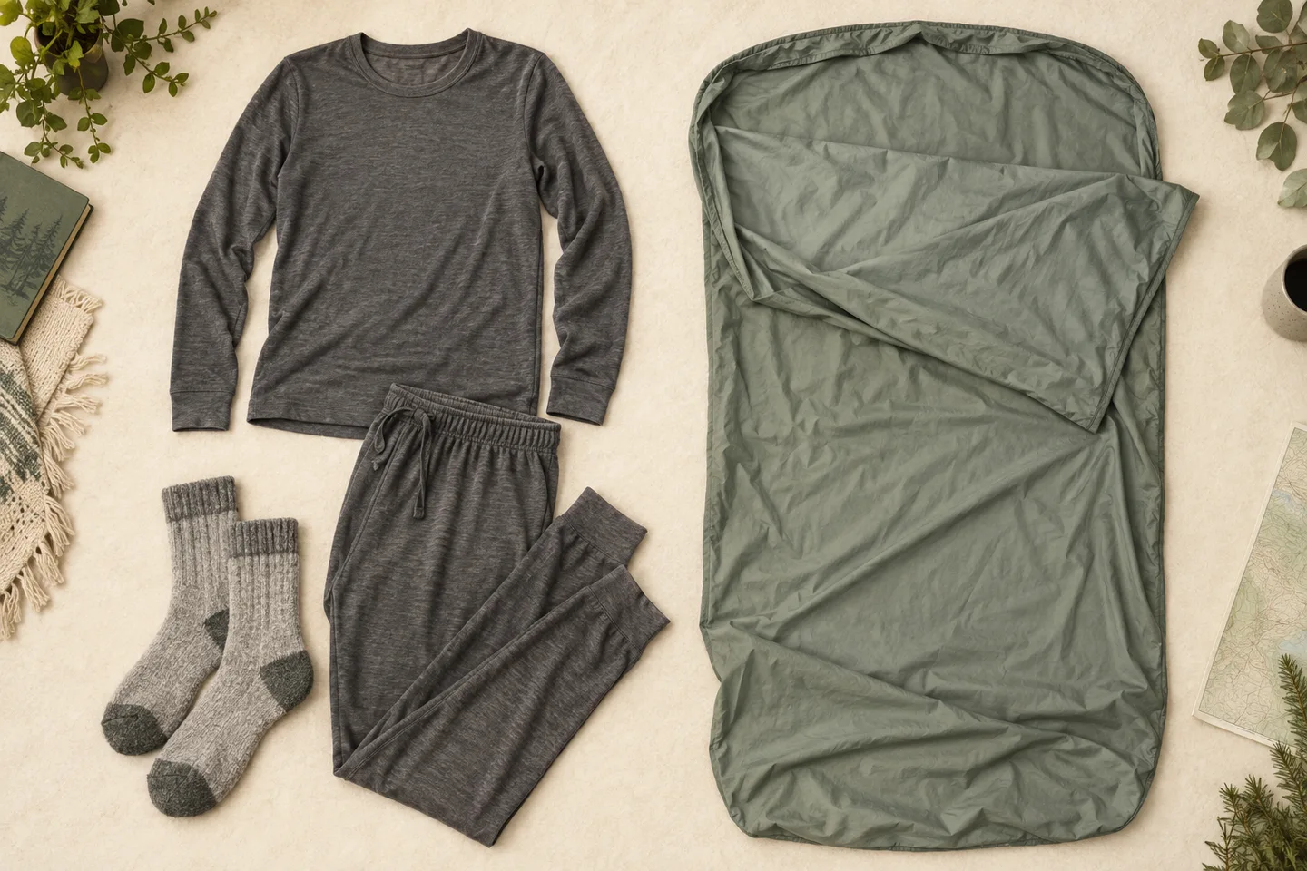 A set of sleep clothes and a folded fabric liner arranged side by side on a cream surface.
