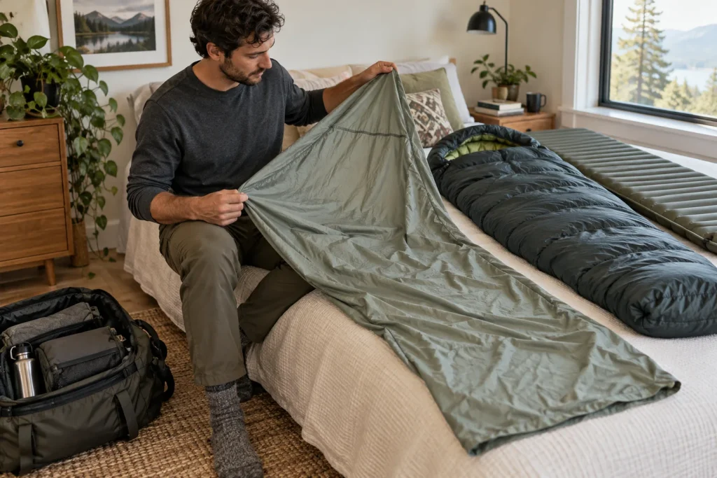 A traveler inspecting a fabric sleeping bag liner on a bed before packing for a trip.