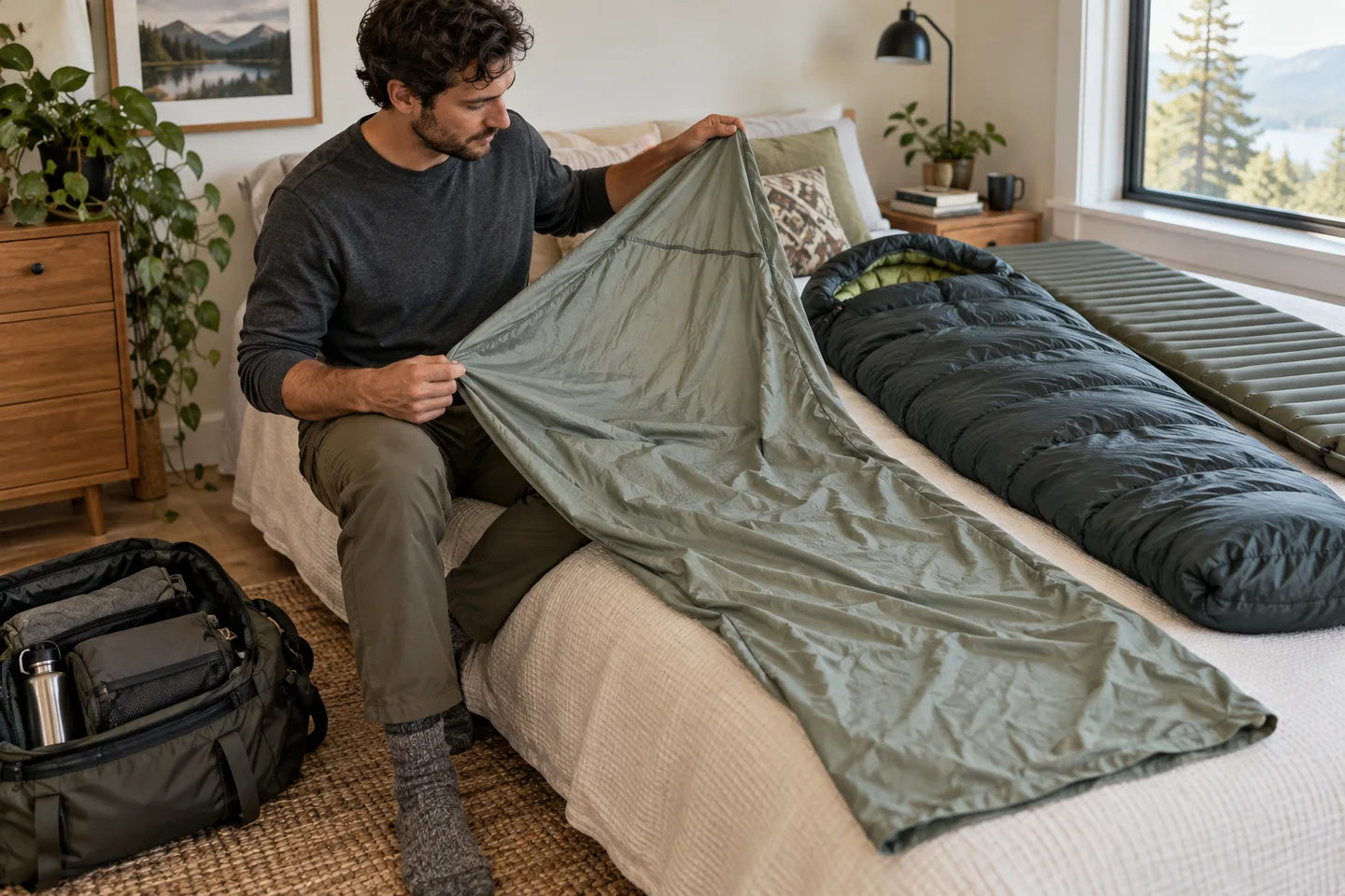 A traveler inspecting a fabric sleeping bag liner on a bed before packing for a trip.