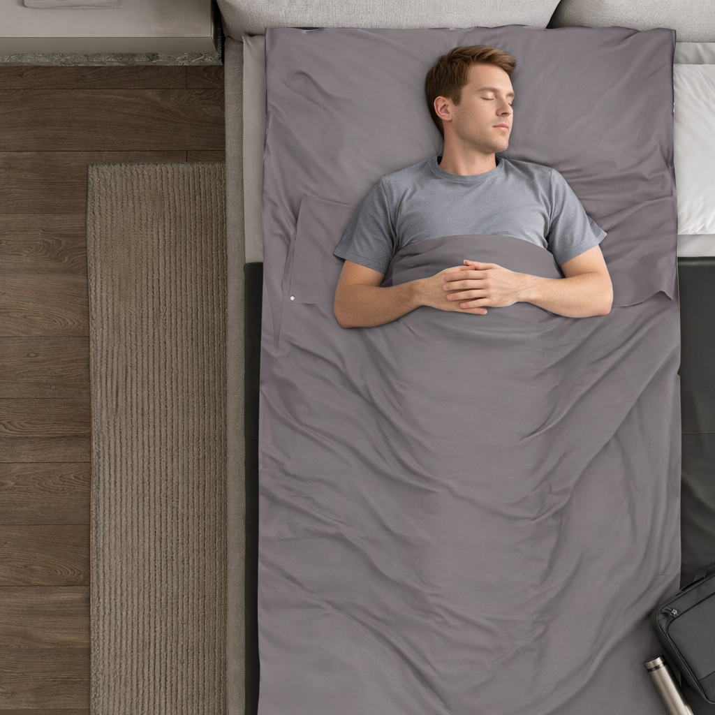 Sleeping bag liner lifestyle scene for clean and comfortable travel sleep